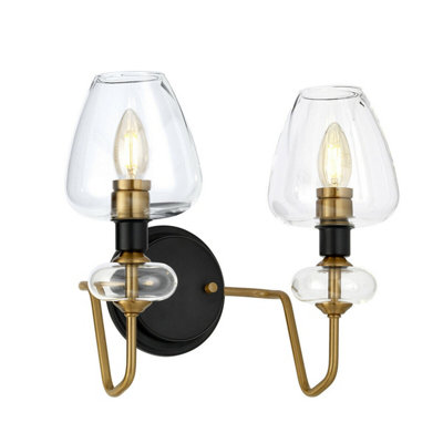 Stylish Twin Wall Light In Aged Brass And Charcoal Black Finish With Led E14 Bulbs from B&Q