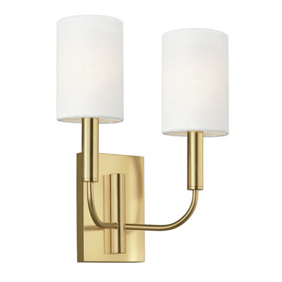  - Elegant Twin Wall Light With White Linen Shades And Burnished Brass FinishLed E14 60W