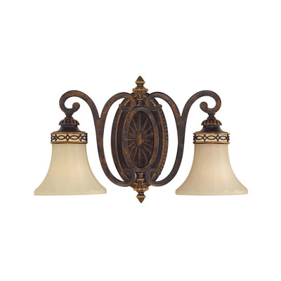  - Stylish Twin Wall Light With Detailed Back Plate And Glass Shades In Walnut Finish