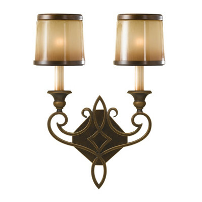 Elegant Twin Wall Light With Iron Scroll Design And Glass Shades In Aged Oak Finish from B&Q