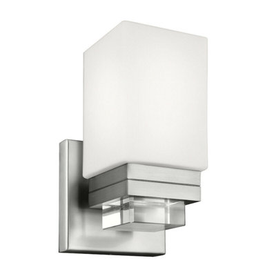 Stylish Ip44 Wall Light With Opal Glass Shade And Crystal Detail In Satin Nickel Finish from B&Q