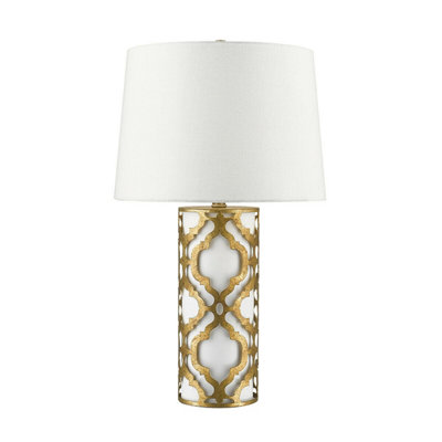  - Elegant White Linen Shade Table Lamp With Distressed Gold Finish And Led Bulb