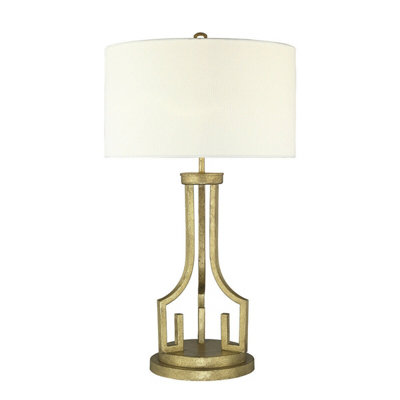 B&Q Elegant Grecian Key Motif Table Lamp With Distressed Finish And Linen Shade Gold/Ivory
