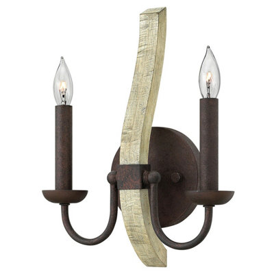 Elegant Twin Wall Light In Distressed Wood And Steel With Led E14 Bulb from B&Q