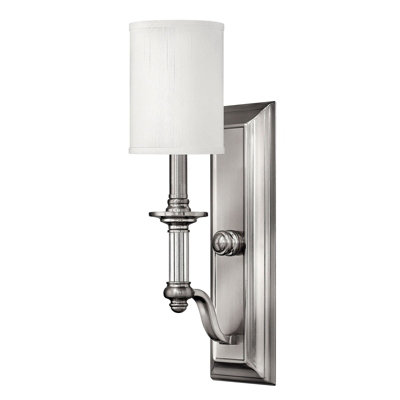 Stylish Wall Light With Clear Glass Column And White Fabric Shade In Brushed Nickel Finish from B&Q