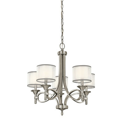  - Elegant 5 Bulb Chandelier Ceiling Light With White Organza Shade In Antique Pewter Finish