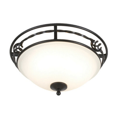 Elegant 2 Bulb Flush Mount Light With Glass Shade And Iron Scrolls In Black Finish from B&Q