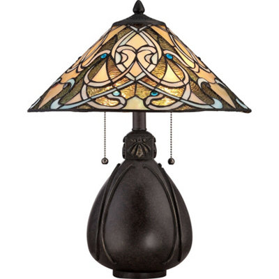  - Elegant 2 Bulb Tiffany Style Table Lamp With Led E27 BulbsImperial Bronze Finish