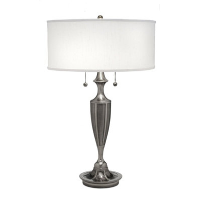 Elegant 2 Bulb Twin Table Lamp With Global White Shade And Antique Nickel Finish from B&Q