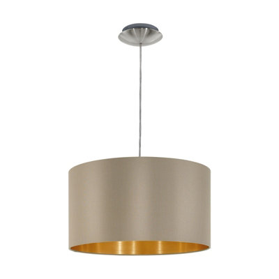 Elegant Satin Nickel Pendant Ceiling Light With Taupe Gold Fabric Shade from B&Q