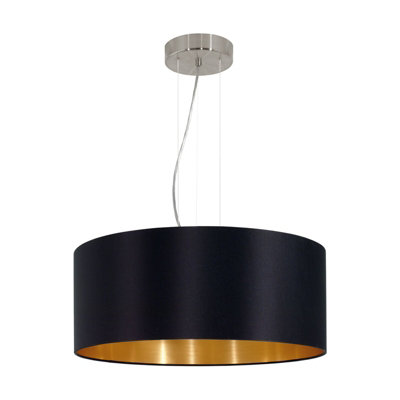 Elegant Satin Nickel Pendant Ceiling Light With Black And Gold Fabric Shade from B&Q
