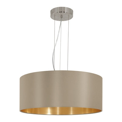 Stylish Satin Nickel Pendant Ceiling Light With Taupe And Gold Fabric Shade from B&Q
