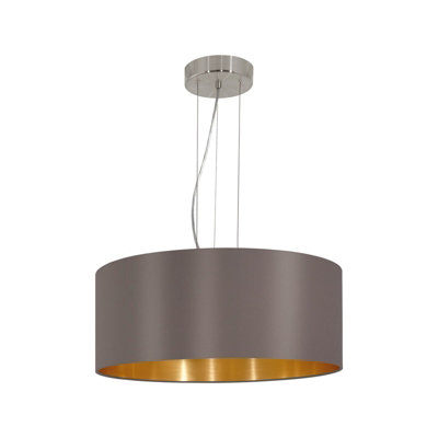 Elegant Satin Nickel Pendant Ceiling Light With Cappuccino Gold Fabric Shade from B&Q