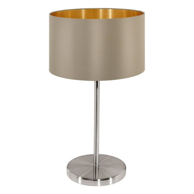 Elegant Satin Nickel Table Lamp With Taupe Gold Fabric Shade from B&Q