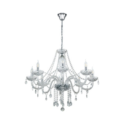 Elegant Chrome Plated Chandelier With Clear Glass Droplets For E14 Bulbs