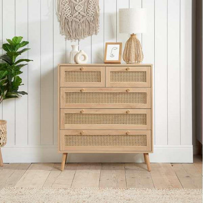 B&Q Oak Chest Of 5 Drawers Rattan Mid Century Modern Brown
