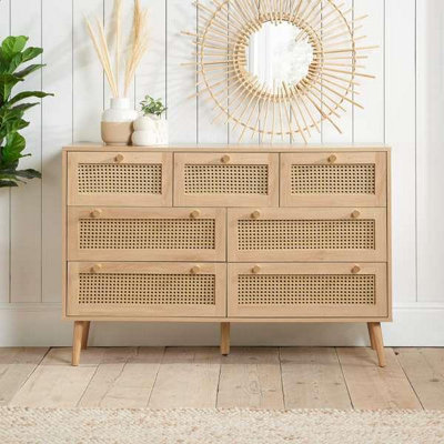 B&Q Oak Chest Of 7 Drawers Rattan Mid Century Modern Brown