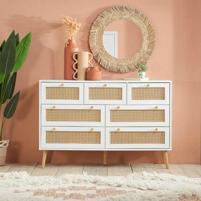 B&Q Chest Of 7 Drawers Rattan Mid Century Modern White