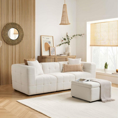 Birlea 3 Seater Sofa Settee With Footstool Boucle Teddy Fabric Cloud White