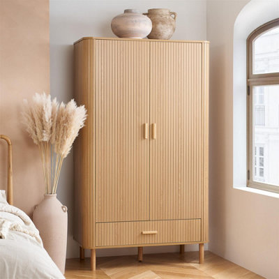B&Q - 2 Door 1 Drawer Oak Brown Wooden Fluted Wardrobe Axel 