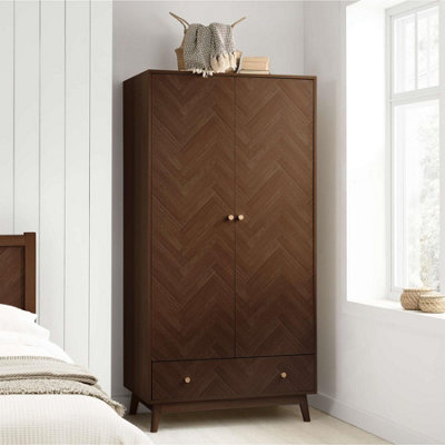 2 Door 1 Drawer Walnut Wardrobe Birlea Herringford Chevron Parquet
