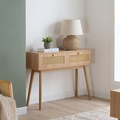 B&Q -  Croxley Console Table Oak Rattan Hall Dressing Table