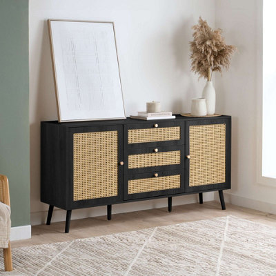 B&Q -  Croxley 2 Door 3 Drawer Sideboard Black Rattan Storage Cabinet
