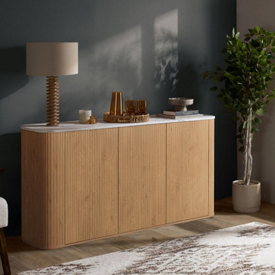 B&Q -  Kagu 3 Door Sideboard Fluted Ribbed Oak & Marble Effect