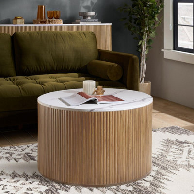  - Kagu Coffee Table Fluted Ribbed Oak & Marble Effect