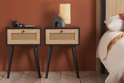  - Pair Of Bedside 1 Drawer Cabinet  Rattan Croxley Side Table Black