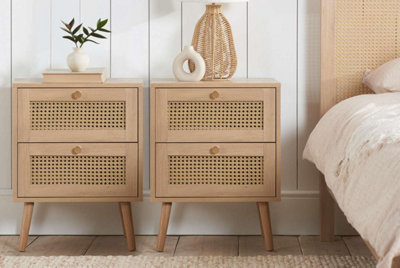  - Pair Of Bedside 2 Drawer Cabinet  Rattan Croxley Side Table Oak