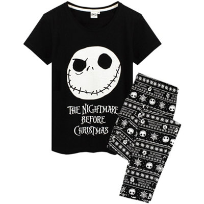 B&Q -  Disney The Nightmare Before Christmas Womens Black Jack Skellington Placement & All-Over Print Short Sleeve Long Leg Pyjama Set (X