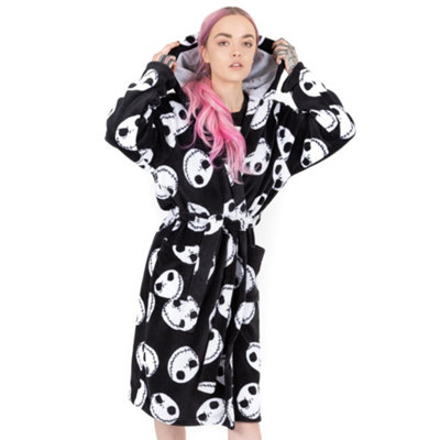 B&Q -  Disney The Nightmare Before Christmas Womens Black Jack Skellington Head All-Over Print Bathrobe (X-Large)