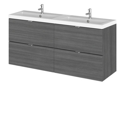 B&Q -  Fusion Wall Hung 4 Drawer Vanity Unit & Twin Polymarble BasinSink Vanity UnitAnthracite Woodgrain1200mm