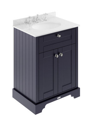 B&Q -  Floor Standing Two Door Traditional Vanity Unit With 3 Tap Hole White Marble Top & Basin In Twilight Blue620 X 470mm