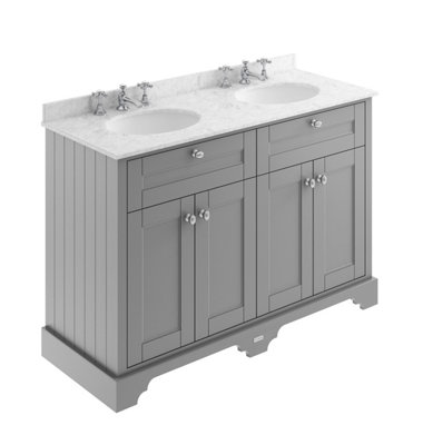 B&Q -  Floor Standing Four Door Traditional Vanity Unit With 3 Tap Hole Grey Marble Double Basin In Storm Grey1220 X 470mm