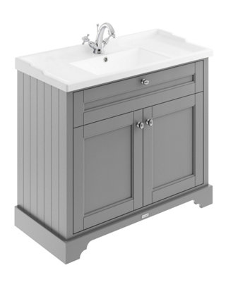 B&Q -  Floor Standing Two Door Traditional Vanity Unit With 1 Tap Hole Ceramic Basin In Storm Grey1020 X 470mm