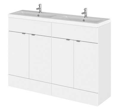 B&Q -  Fusion Floor Standing 4 Drawer Vanity Unit & Twin Ceramic BasinStylish Vanity Unit With BasinGloss White1200mm