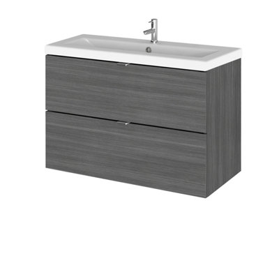 Hudson Reed Fusion Wall Hung 2 Drawer Vanity Unit & Ceramic BasinSink Vanity UnitAnthracite Woodgrain800mm from B&Q