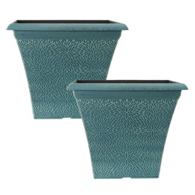 You Garden Pair Of April Indigo Green Square Planters 14.5'' Containers For Flowers from B&Q