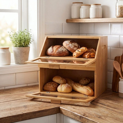 B&Q -  Large Bamboo 3-Compartment Bread Bin