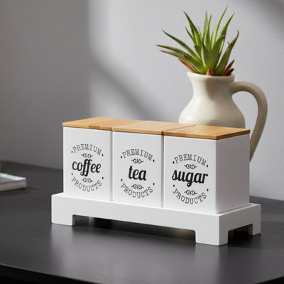 Maison Des Cadeaux White TeaCoffee & Sugar Canisters (Set Of 3) With Bamboo Lids & Stand from B&Q