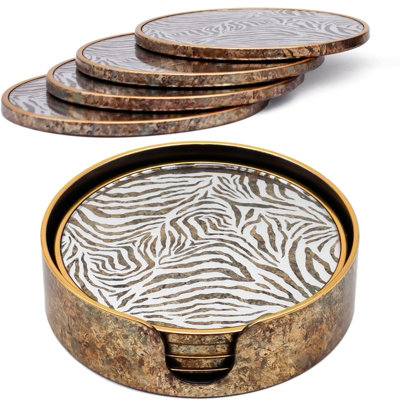 Maison Des Cadeaux Set Of 4 Zebra Print Round Drink Coasters With Holder from B&Q