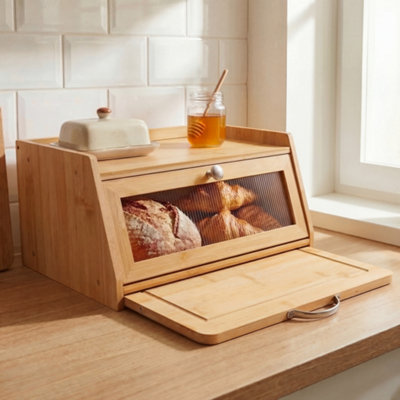 Bamboo Bread Bin Box With Chopping Board Fluted Panel Countertop Storage