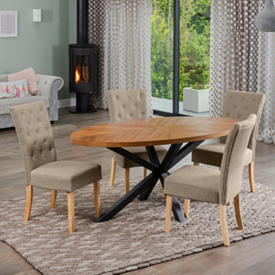  - Dosenna Oval Dining Table Set With 4 Pienza Fabric ChairsBrown