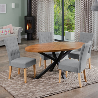  - Dosenna Oval Dining Table Set With 4 Pienza Fabric ChairsGrey