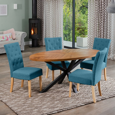  - Dosenna Oval Dining Table Set With 4 Pienza Fabric ChairsTeal