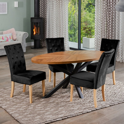  - Dosenna Oval Dining Table Set With 4 Pienza Velvet ChairsBlack