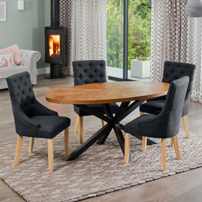  - Dosenna Oval Dining Table Set With 4 Ravenna Fabric ChairsBlack