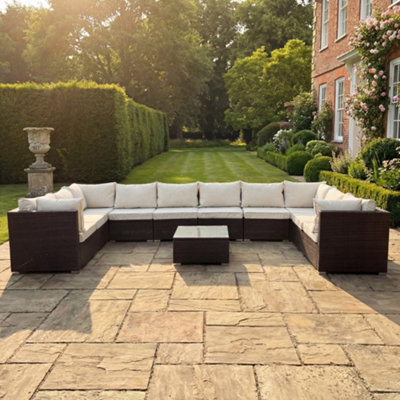 B&Q -  Oliena 10 Seat Modular Rattan Large U-Shape Garden FurnitureBrown